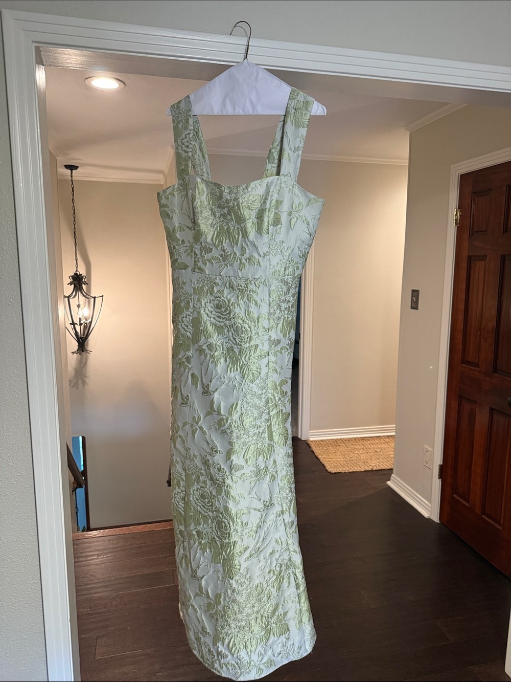 Light Green Floral Jacquard Midi Dress with Wide Straps